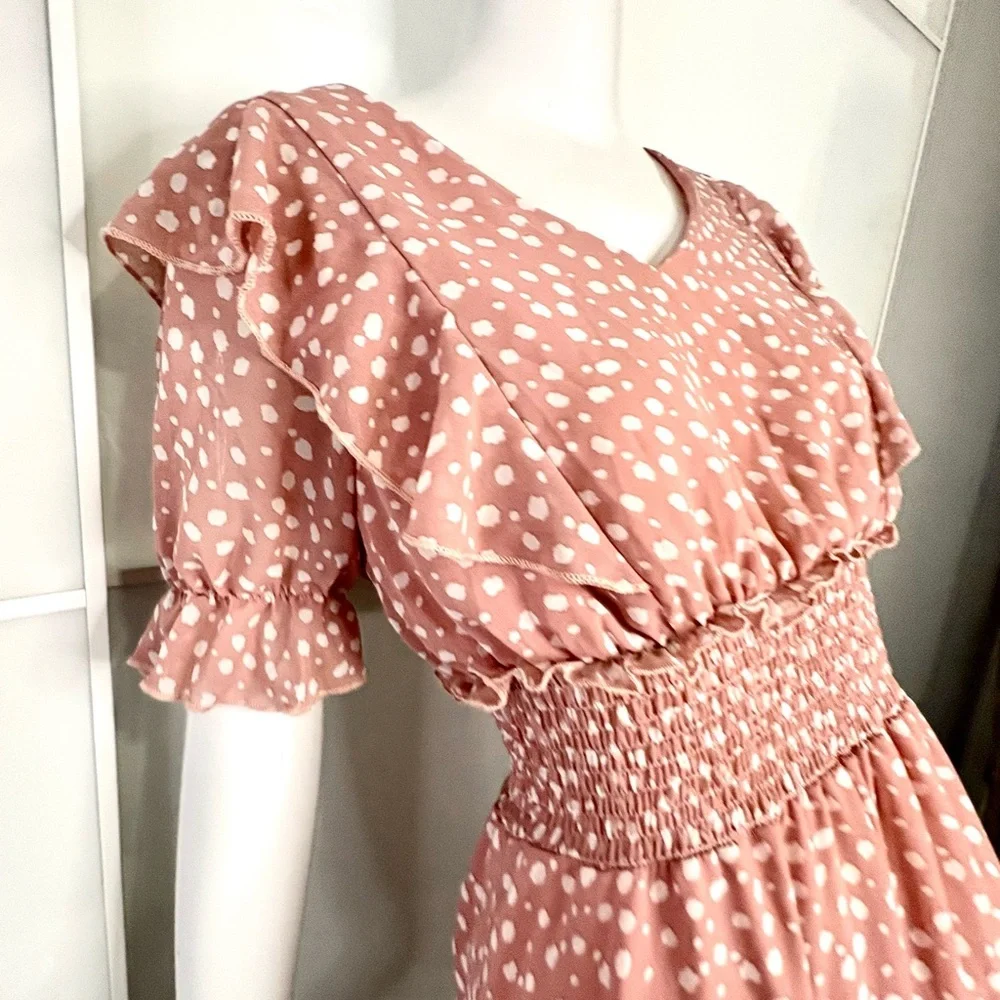 🎀 Coquette Romantic Dusty Rose Smocked Picnic Midi Dress Flutter Sleeve Sz M - Picture 4 of 7
